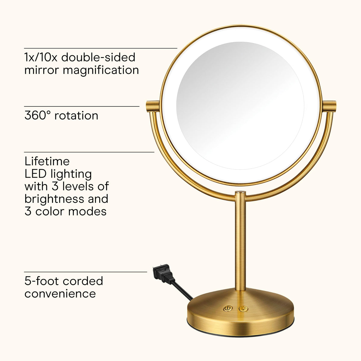 Double-Sided LED Makeup Mirror with 1X/10X Magnification