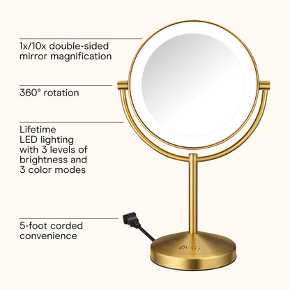 Double-Sided LED Makeup Mirror with 1X/10X Magnification