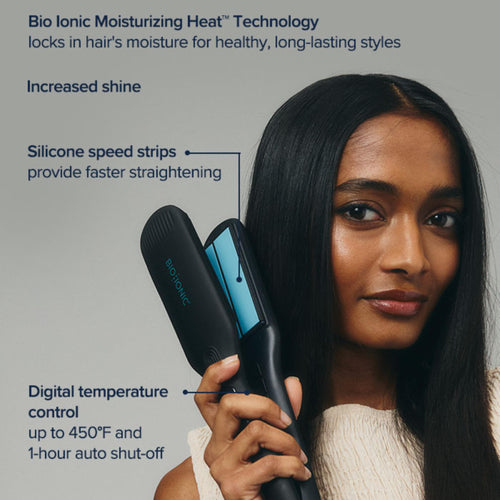 Bio Ionic OnePass Styling Flat Iron - Moisturizing Heat Hair Straightener with Silicone Speed Strips, Digital Temperature Control to 450°F, Auto Shut-Off, Shine-Boosting Plates